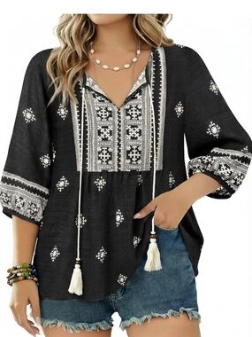 Black Embroidered Boho Peasant Top with Tassels Gunest New With Tags Medium